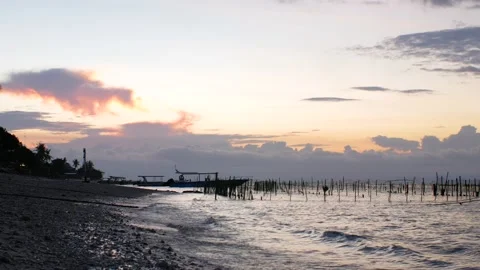 Static view on sunset and boats on the beach Stock Footage 165773234