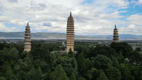 Static view of Three pagodas of Chongsheng Temple in Dali Yunnan China Stock Footage 150074521