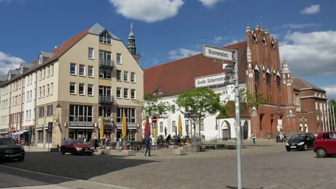 Static view of town square market with cafe, shops, people Stock Footage 200893072
