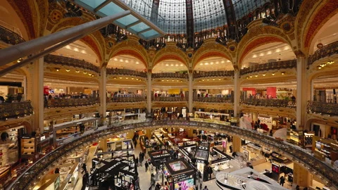 Static view of wealthy Galleries Lafayette in Paris. Luxurious Tourism Stock Footage 241065436