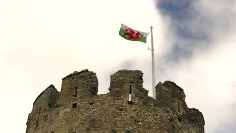 Static - Welsh Flag Flying Atop Castle Turret Stock Footage 197552462