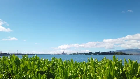 Static wide panning shot of the USS Arizona Memorial at Pearl Harbor with Stock Footage 197061158