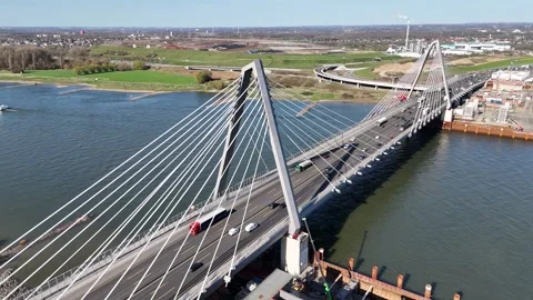 Static wide shot of bridge toward opposite riverbank Stock Footage 331200926