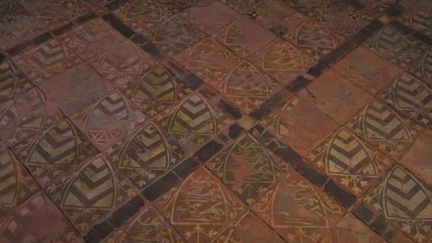 Static wide shot of Cleeve Abbey interior highlighting detailed tiled flooring Stock Footage 340269342