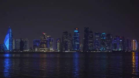 Static wide shot of Doha's illuminated financial district skyline. Stock Footage 344872681