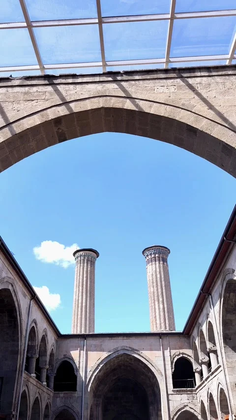 A static wide shot focusing on the iconic twin minarets of the Çifte Minareli Video stock 334238783