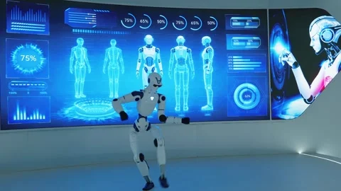 Static wide shot of a humanoid robot dancing on a stage in front of a Video stock 343430643