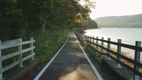 Static wide shot of lakeside path beside Lake Yamanaka in Japan in morning light Stock Footage 321121608