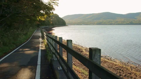 Static wide shot of lakeside pedestrian path beside Lake Yamanaka in Japan Stock Footage 321121765