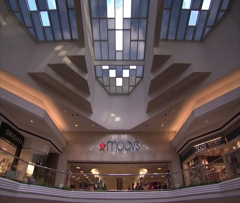 Static wide shot of Macy's entrance in mall. Stock Footage 86748451