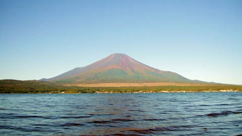 Static wide shot of Mount Fuji above Lake Yamanaka with calm rippling water Stock Footage 321122383