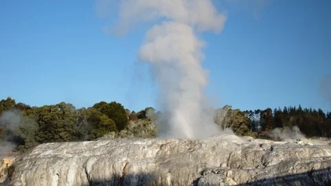 Static wide shot of steaming geyser at Rotorua, New Zealand Stock Footage 89594514