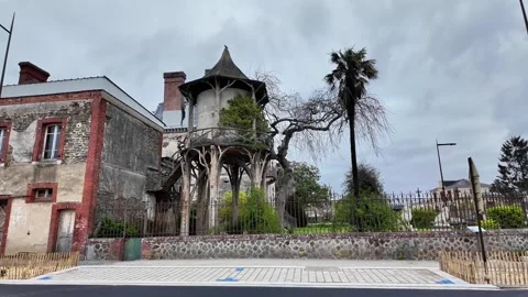 Static wide shot of a unique, rustic gazebo with a conical roof and organic wood Vidéo 332804127