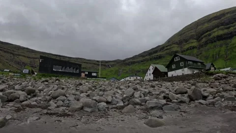 Static wide view of Nordic settlement at the foot of green mountains Stock Footage 339481902