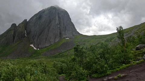 Static wide view of Segla mountain peak from hiking trail in Senja Norway Stock-Footage 342059379