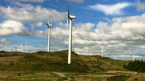 Static - Wind farm with green hills and blue sky Stock Footage 200500786
