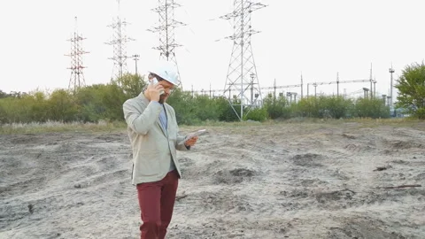 Station technical director in a white helmet stands near the power station and Stock Footage 94636675