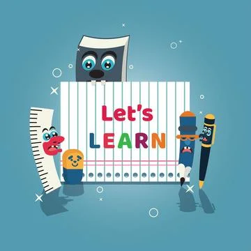 Stationary characters and lets learn lettering vector illustration Stock Illustration