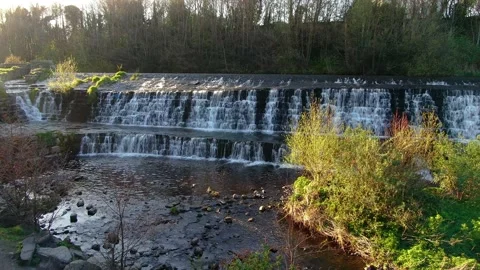 An stationary overhead view the River Dodder and Firhouse waterfall. Stock Footage 151653083