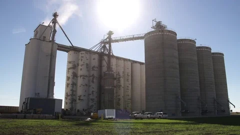 Stationary Shot of Concrete Grain Elevator Stock Footage 73024383