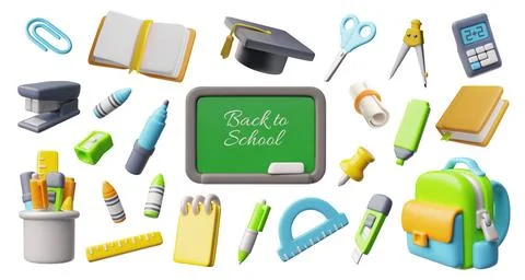 Stationary tools 3D cartoon vector set, school supplies, books, backpack, chalk Illustrazione stock
