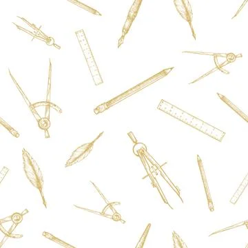 Stationary Vector Seamless Background Pattern. Hand Drawn Compass, Pencil, Ruler 스톡 일러스트