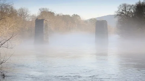 Stationary view of two pillars in river. Stock Footage 85957732
