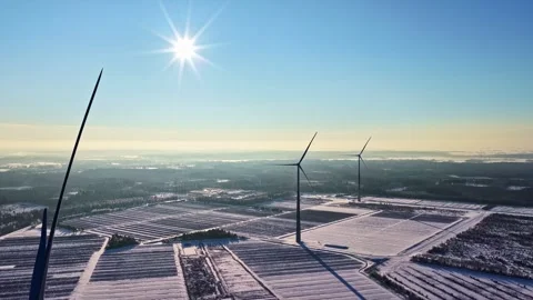 Stationary Wind Turbines, Electrical Infrastructure, Rural Landscape Stock Footage 336291772