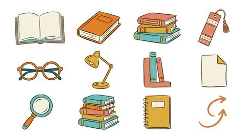 Stationery and library object set featuring books glasses lamp and notebook.. Illustrazione stock