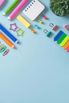 Stationery background with notepad, felt tip pens, paper clips, clipboards, p Stock Photos