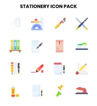 Stationery Flat Bundle Icons Pack Stock Illustration