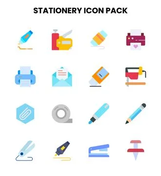 Stationery Flat Bundle Icons Pack Stock Illustration