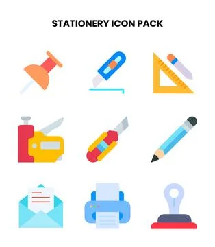 Stationery Flat Collection Icons Pack Stock Illustration