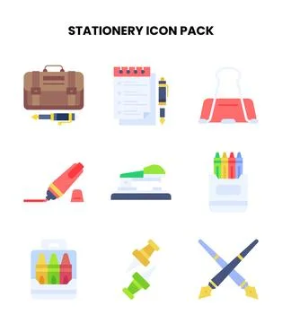 Stationery Flat Collection Icons Pack Stock Illustration