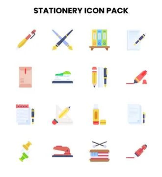 Stationery Flat Design Icons Pack Stock Illustration