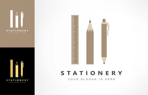 Stationery logo vector. Ruler, pen and pencil design. Stock Illustration