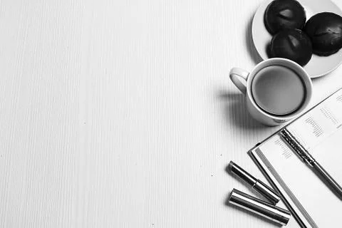 Stationery lying on the table. The table in the office. Workplac Foto stock