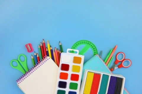 Stationery objects. School supplie. Top view. Stock Photos