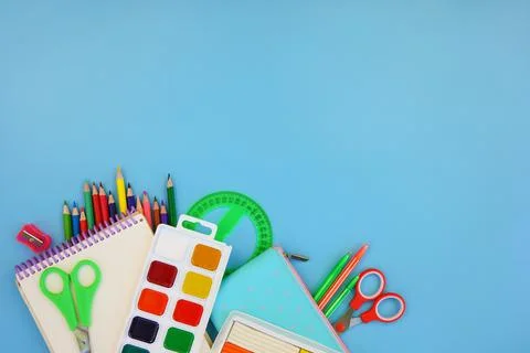 Stationery objects. School supplie. Top view. Stock Photos