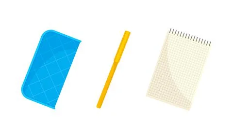 Stationery objects, school supplies set. Pencil case, pen, notepad vector Illustrazione stock