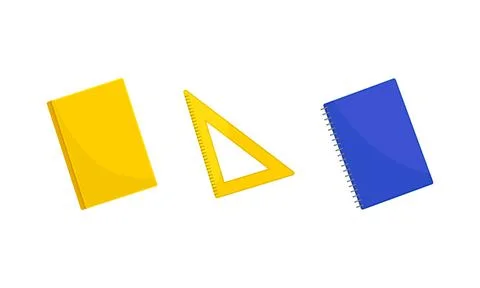 Stationery objects, school supplies set. Notepad, notebook, triangle ruler Stock Illustration