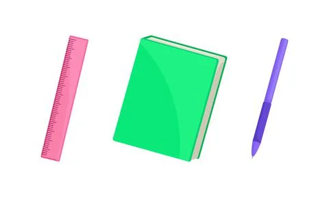 Stationery objects, school supplies set. Ruler, book, pen vector illustration Illustrazione stock