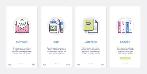 Stationery for office work, paper document UI, UX onboarding mobile app page Stock Illustration