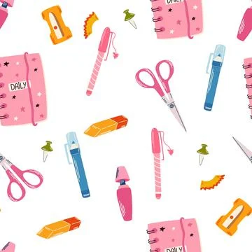Stationery seamless pattern. Back to school. Notepad, Pen, Eraser, Marker, Sh Stock Illustration