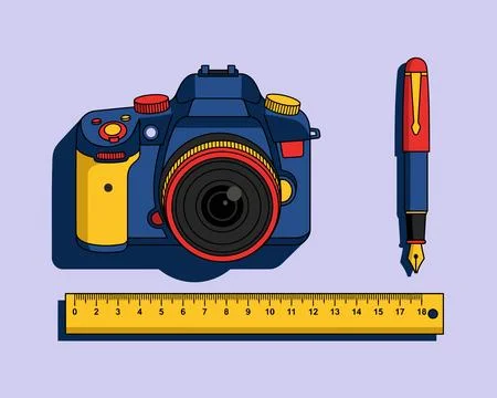 Stationery Set with Camera and Pen Иллюстрация