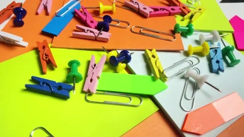 Stationery set. Heap of multicolored objects for paperwork. Stock Footage 221460728