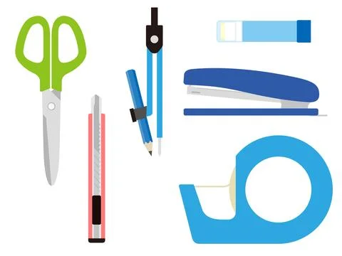 Stationery set including scissors, cellophane tape, glue stick, compass, etc. Stock Illustration