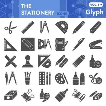 Stationery solid icon set, School equipment symbols set collection or vector イラスト素材