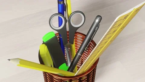 Stationery on the table. Pencils markers scissors pen ruler Stock Footage 202064363