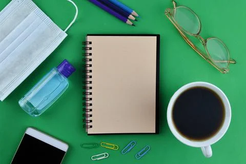 Stationery tools and notebook with copy space. Foto stock